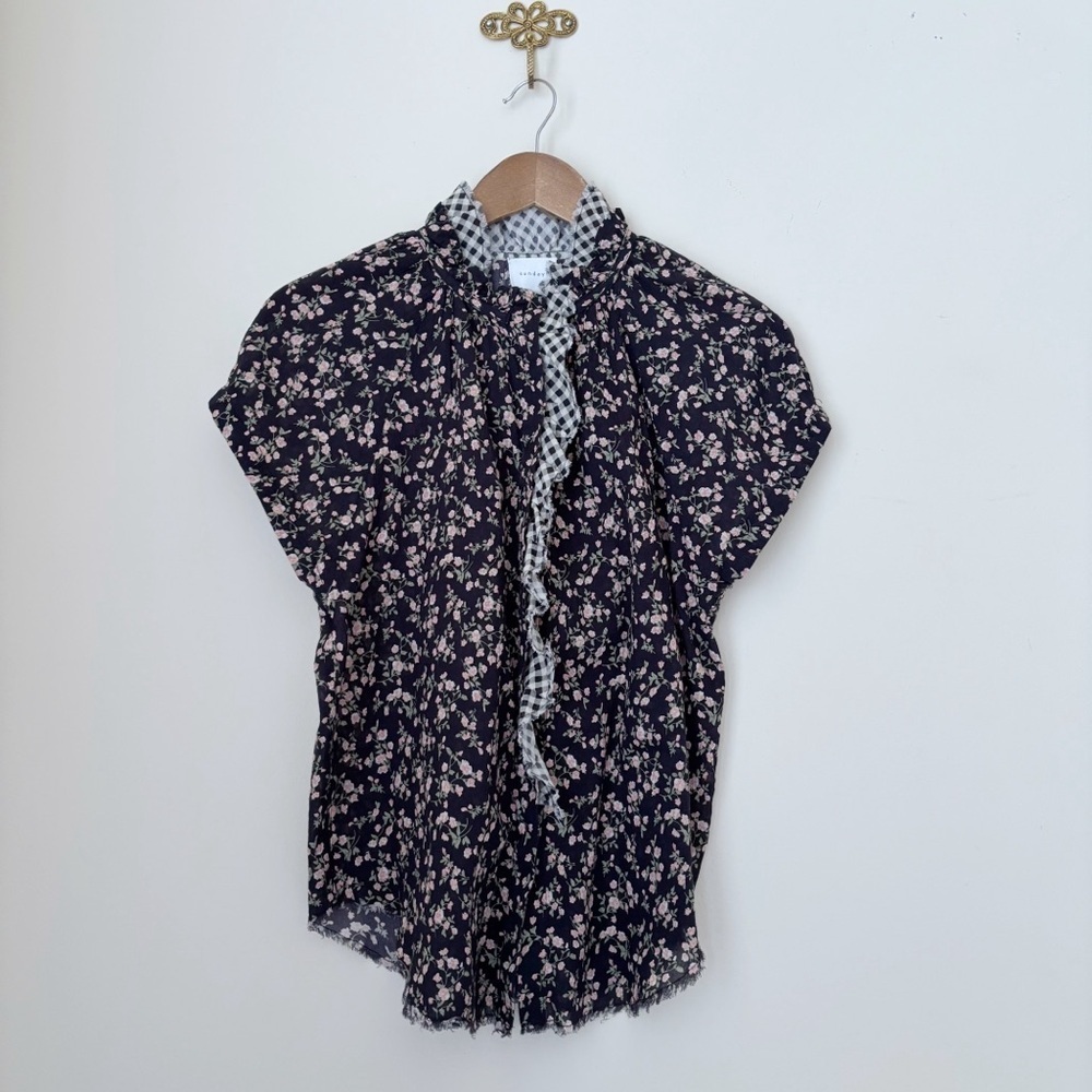 Sundays Leah Floral Gingham Button Up Ruffle Top XS Preppy Summer